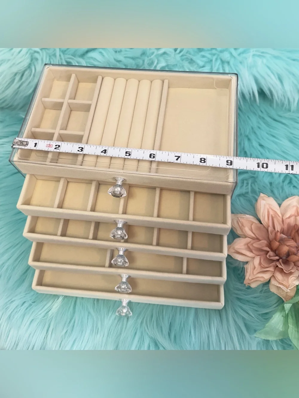Jewelry Organizer 5 Drawer Crystal Accent Knobs Cream Velvet Drawers NEW!